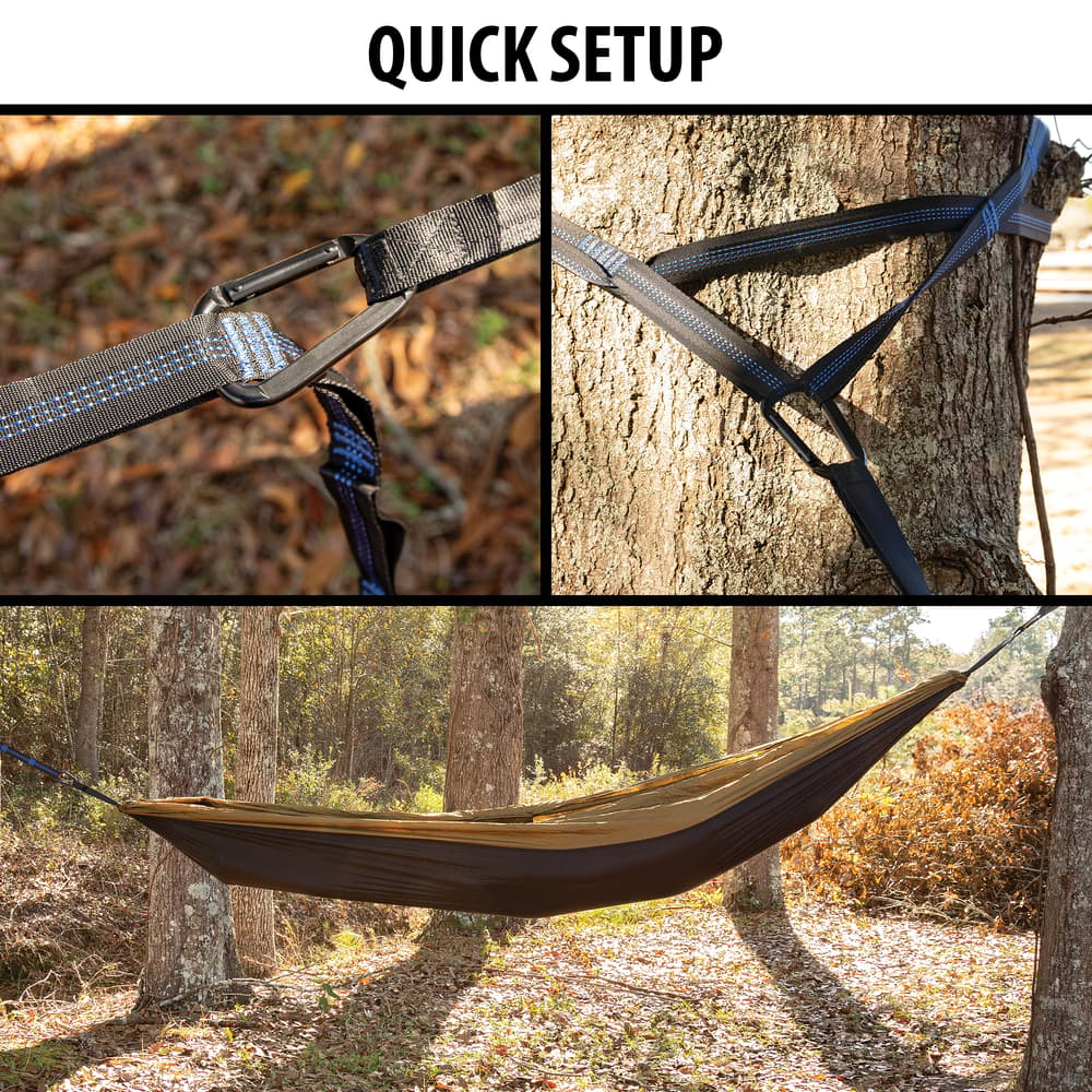 Multiple images showing the quick set up of the NatureNest Pro OD Green Camping Hammack. image number 1